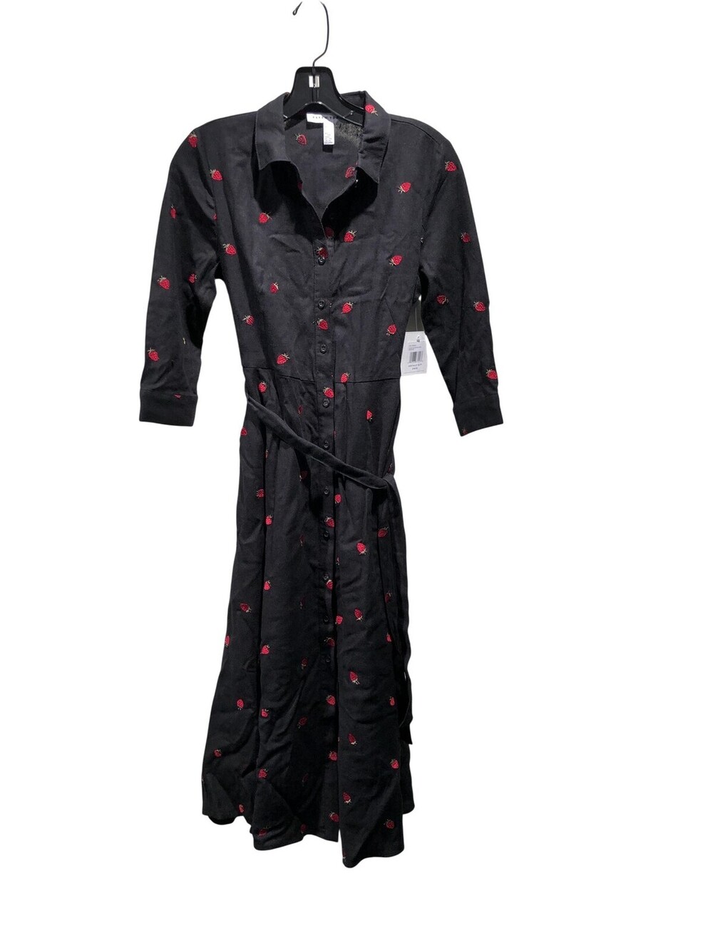 Ellen Tracy Dress Womens XS Black Strawberry Embroidered Belted Shirt Midi